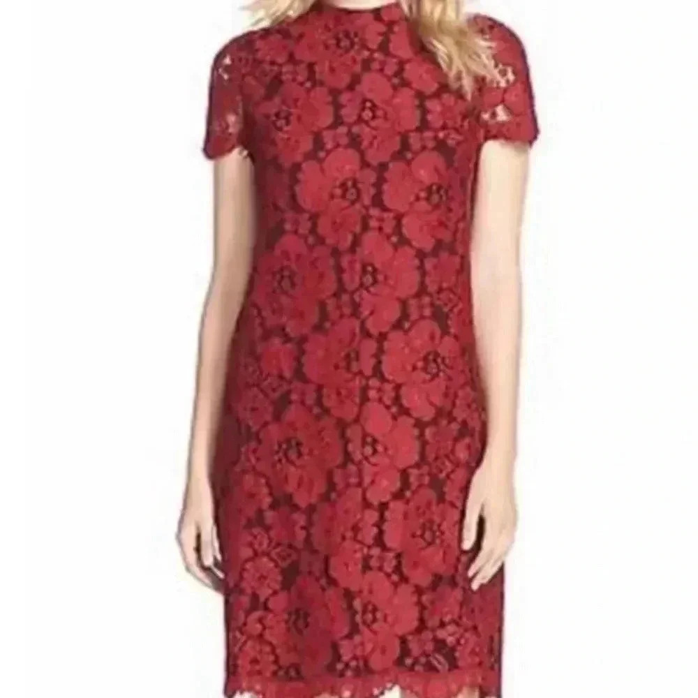 Betsey Johnson Red Mock-Neck Floral Lace Sheath Dress